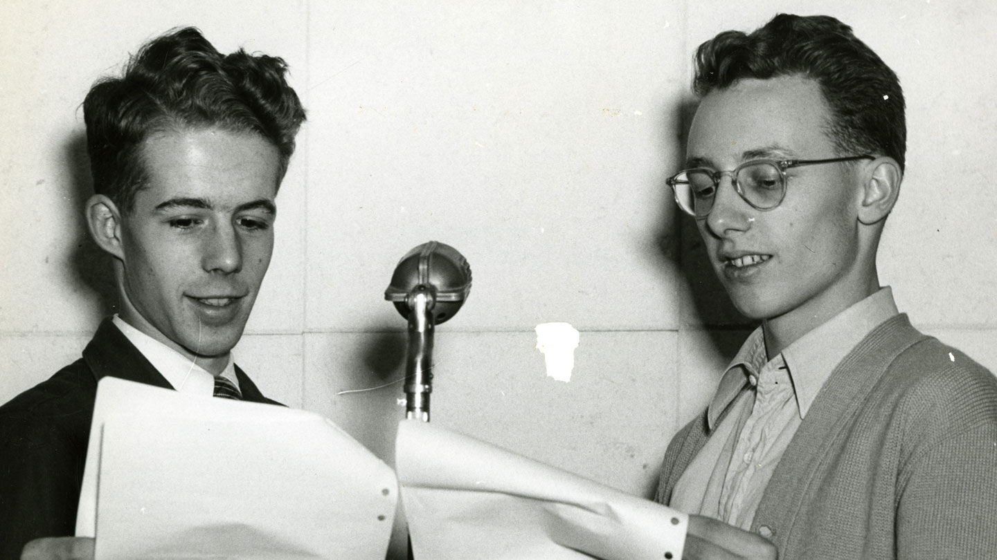 Two male announcers in 1949
